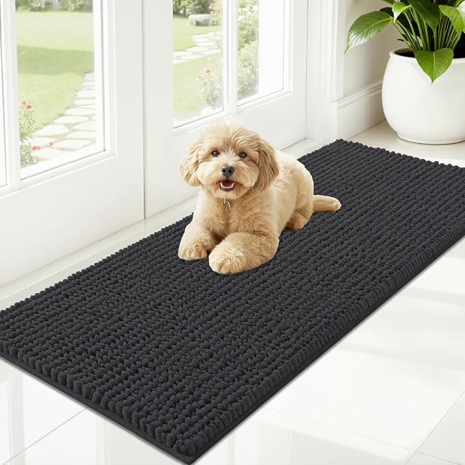 OLANLY Dog Door Mat for Muddy Paws 47x20, Extra Absorbent Chenille Mud Mat | Dark Grey, Absorbs Moisture and Dirt, Non-Slip Machine Washable Doormat, Quick-Drying Indoor Entryway Floor Mat for Dogs
