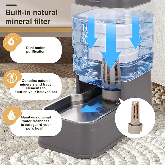 2 Pack Automatic Cat Feeder and Water Dispenser 1.3 Gallon Dog Gravity Food Feeder and Water with Ice Pack Stainless Steel Dry Food and Water Bowl for Small Medium Large Pets (Grey)
