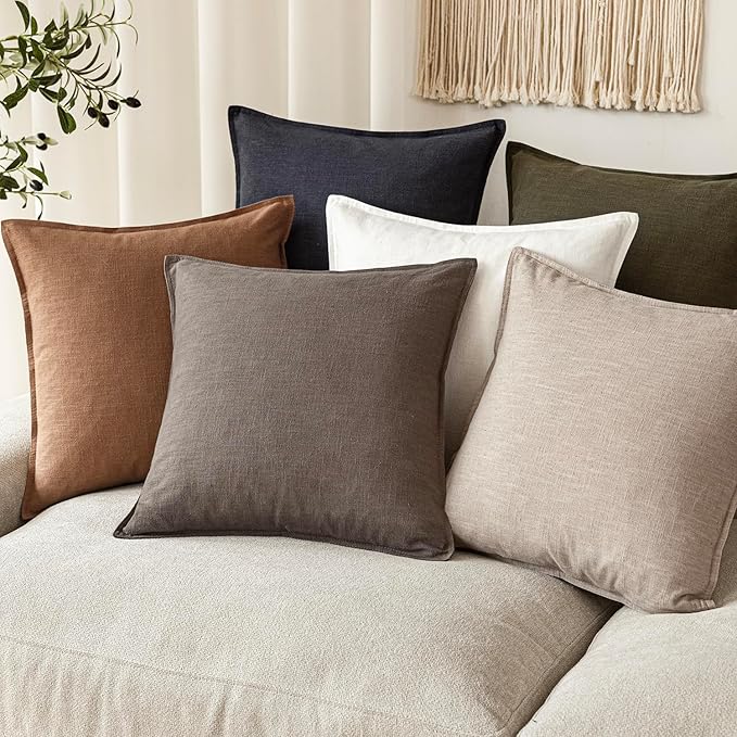 Foindtower Set of 2, Decorative Linen Solid Throw Pillow Covers Soft Accent Euro Cushion Case Farmhouse Neutral Pillowcase for Chair Couch Sofa Bedroom Living Room Home Decor 18 x 18 Inch Light coffee