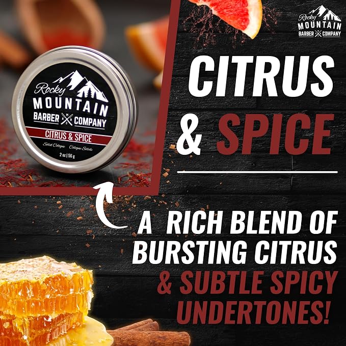 Rocky Mountain Barber Company Solid Cologne for Men – Citrus & Spice Scent – 2 Oz Size - Made with Coconut Oil, Shea Butter - Long-Lasting Scent