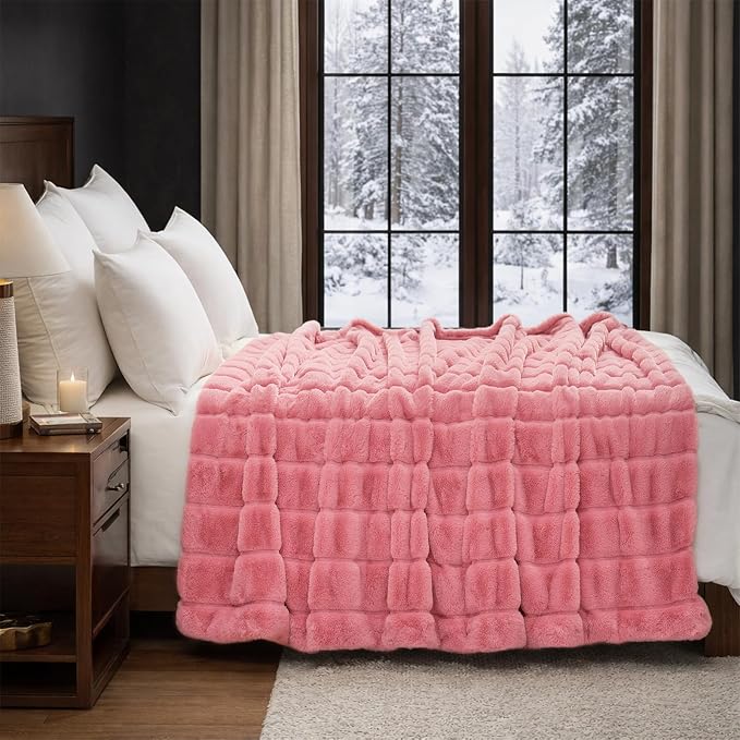 Cozy Bliss Deluxe Sheared Rabbit Faux Fur Throw Blanket, Soft Fuzzy High-Low Sculpted Plush Blanket for Couch, Cozy Home Accent, All Season Use, Pink 60"x80"