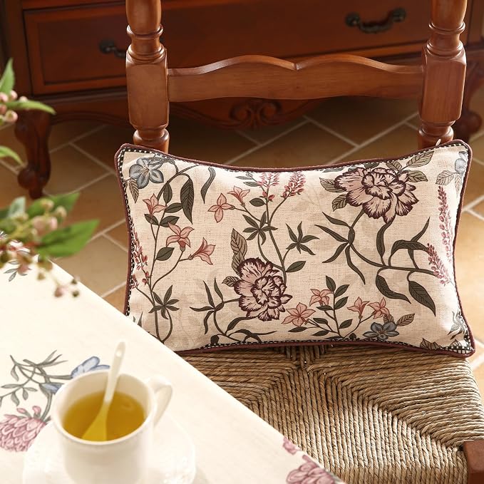 Designer Vintage Linen Throw Pillow Cover,20"x12"-Helena B | Elegant French Rectangle Pillow Cover,Concealed Zipper Design,Floral Pattern,Sofas,Bedroom,Living Room,Lounge Chairs