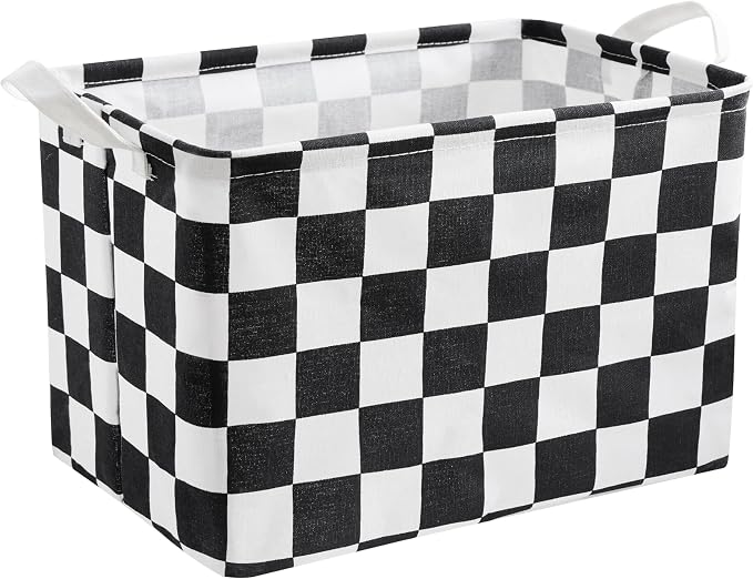Ohocut Black White Checkered Canvas Basket, Rectangular Organizing Decorative Storage Basket for Kids Dog Toy, Cute Aesthetic Race Cars Boy Room Decor for Home, Kitchen, Bedroom, Classroom, Shelves