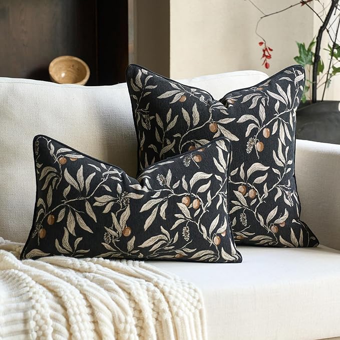 Alerfa Black Floral Throw Pillow Cover 18 x 18 Inch Sqaure Luxury Decorative Pillow Cover for Couch Living Room Bedroom