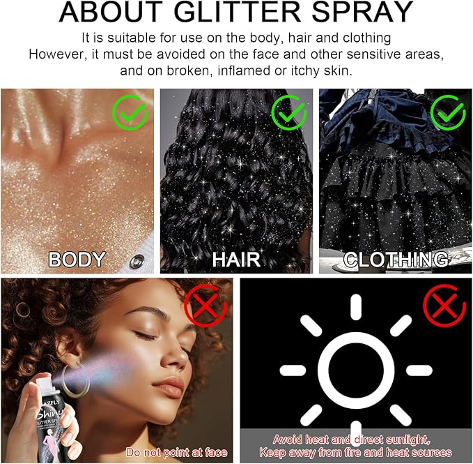Hair and Body Glitter Spray, Aerosol Glitter Spray for Hair and Body, Long-Lasting and Quick-Drying Silver Glitter Hairspray Suitable for Stage, Festival Rave and Makeup Prom (Rainy-Rainbow)