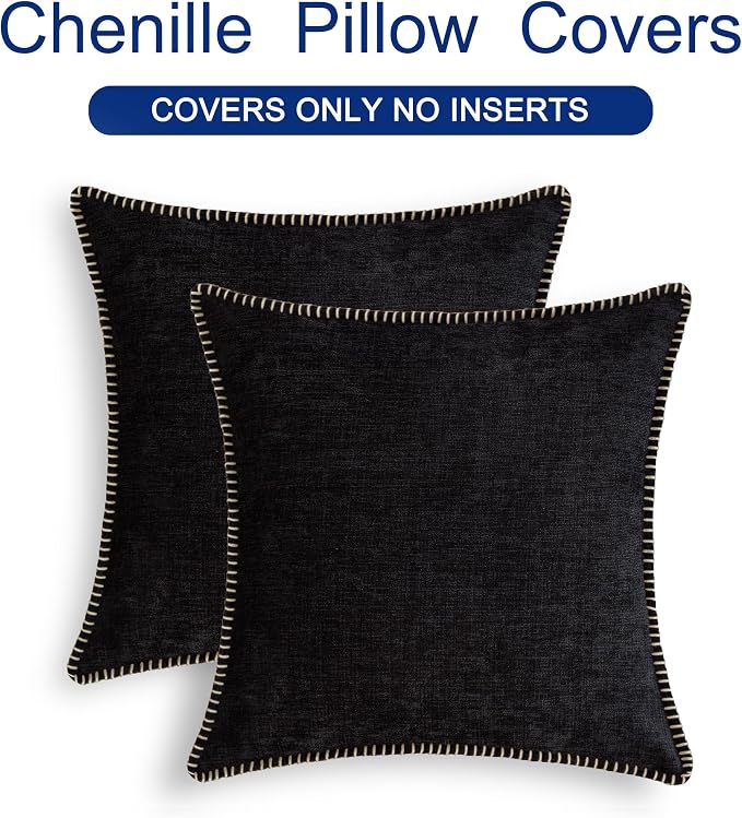 CaliTime Decorative Couch Throw Pillow Covers 26 X 26 Inches Black | Pack of 2, Cozy Chenille Cushion Cases, Cotton Thread Stitching Edges, for Sofa Bed Living Room Farmhouse