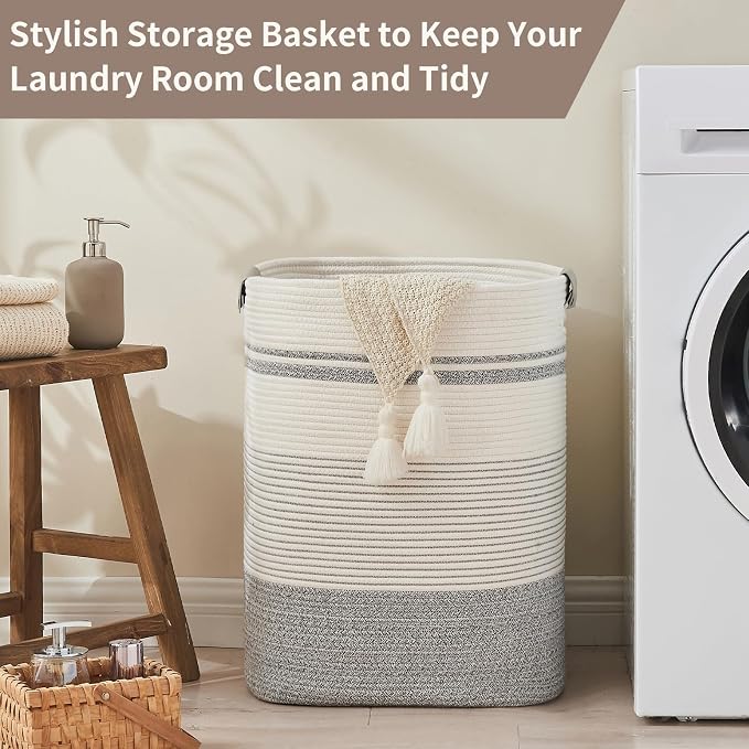 Laundry Hamper, 85L Cotton Rope Laundry Basket, Grey & White | Foldable nursery hamper with leather handles; store blankets, toys, baby clothes and laundry in bedroom or living room