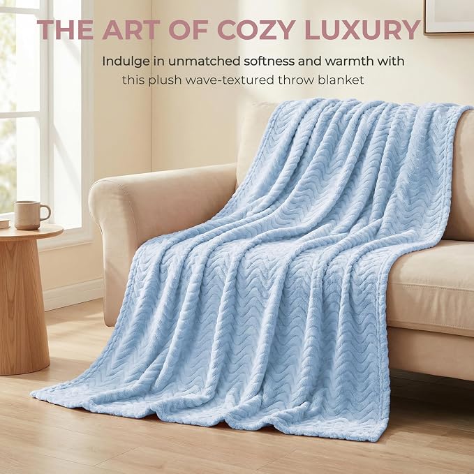 Exclusivo Mezcla Soft Fleece Blanket King Size for Bed, Sofa, Light Blue | 90"x104" Breathable Lightweight Flannel Blanket for Summer, Plush Cozy Jacquard Wave for Home Decor