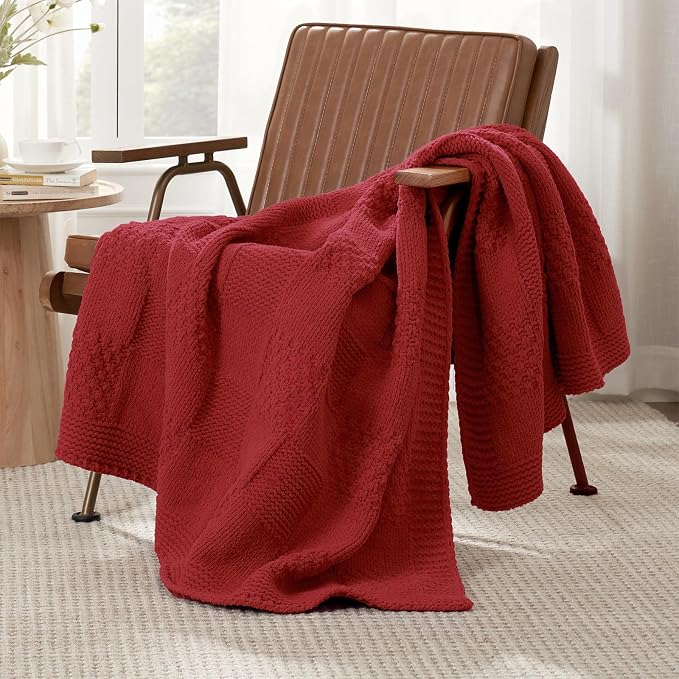 Knit Throw Blanket, Soft Chenille Cozy Breathable Checkered Chunky Decorative Blanket for Couch, Bed & Sofa, French-Inspired Lightweight Warm Gift for Women, Christmas Red, 50"x60"