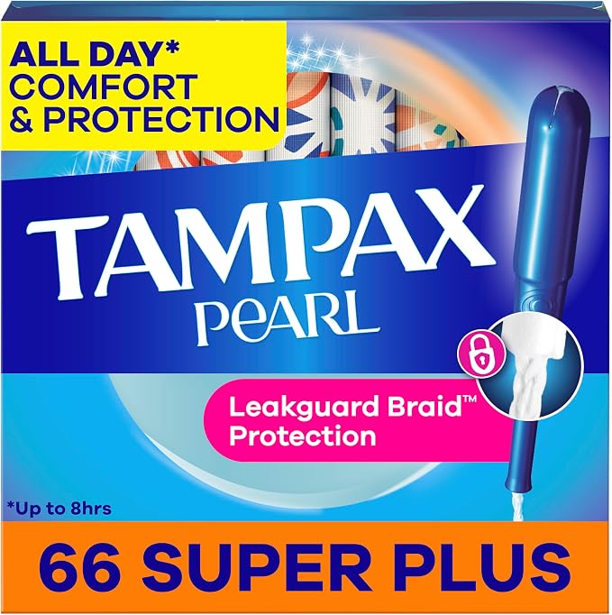 Tampax Pearl Tampons, with LeakGuard Braid, Super Plus Absorbency, Up to 100% Leak and Odor Free Protection, Unscented, 66 Count