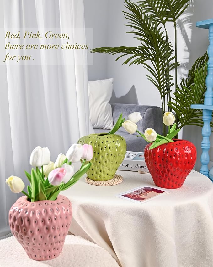 DN DECONATION Red Strawberry Vase, Ceramic Flower Vase for Table Home Decor | Strawberry Flower Vases for Colorful Home Decor, Decorative Cute Vase for Office, Mantel, Shelf, Strawberry Party Decorations