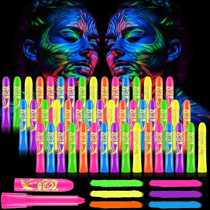 Tenceur 48 Pcs Glow in the Dark Body Paint Under UV and Black Light Face Paint Crayons Neon Face Painting Kit for Kids Party Fluorescent Glow Sticks Makeup for Adult Halloween Party Supplies, 6 Colors