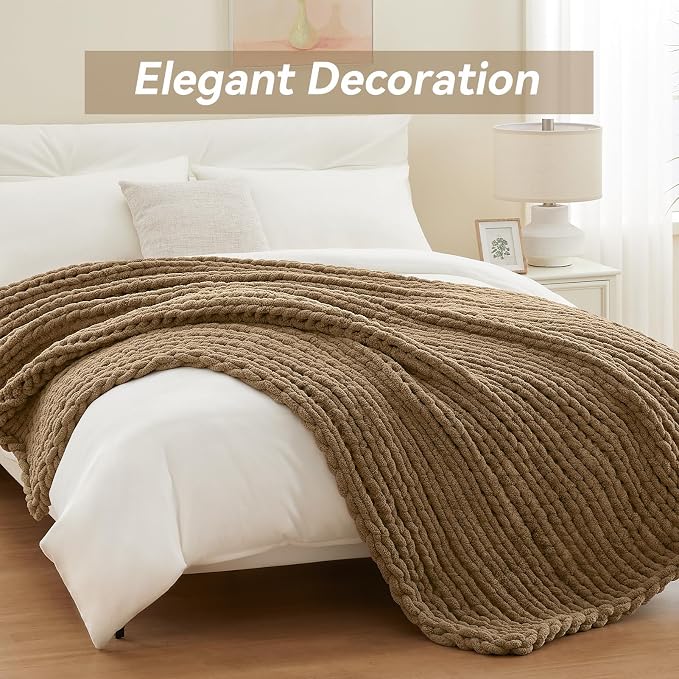 Negwoo Chunky Knit Throw Blanket, Knitted Throw Chenille Yarn, 80"*90" | Soft Thick Cable Knitted Blankets, Handmade Big Thick Blanket, Machine Washable Cute Comfy Blanket for Home Decor,Light brown