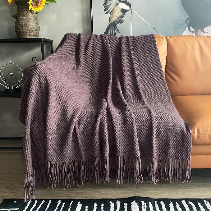 LOMAO Knitted Throw Blanket with Tassels Bubble Textured Soft Blanket Lightweight Throws for Couch Cover Home Decor (Grey Purple, 50x60)