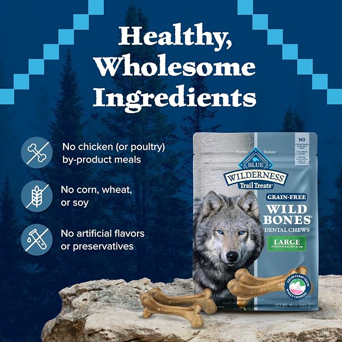 Blue Buffalo Wilderness Large Dog Dental Chews, Grain-Free, 10 oz | Reduces Tartar & Plaque, Freshens Breath, Sized for Dogs 50 lbs. and Up, No Artificial Preservatives