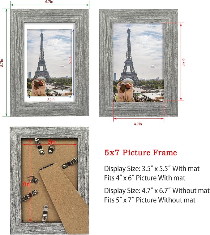 Hongkee 5x7 Picture Frame Set of 4, Made of Real Glass and Grey Wooden Frame, 5 by 7 Photo for Wall or Tabletop - Display Picture 4x6 with Mat or 5x7 Without Mat