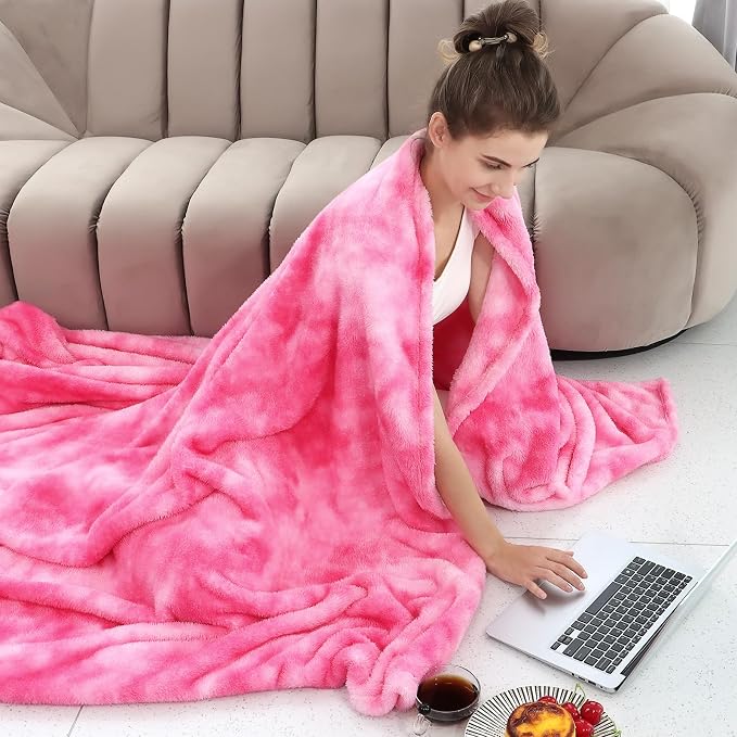 Pink Fleece Blanket Queen Size Throw Cozy Soft Lightweight Blankets for Bed Sofa Room Decor, Pink Warm Large Blanket for Women Girls Adults