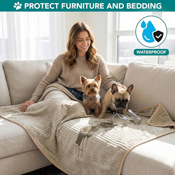PetAmi Waterproof Dog Blanket, Leakproof Pet Blanket for Small Medium Large Cats, Soft Plush Reversible Sofa Couch Cover Protector, Washable Puppy Throw for Bed Crate, 24x32 in, Taupe Beige