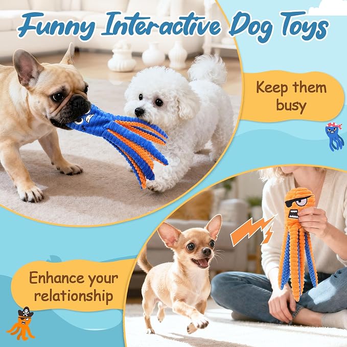 Zeaxuie Interactive Dog Toys for Chewers, 2 Pack No Stuffing Dog Toys for Teething, Squeaky Chew Toy to Keep Them Busy for Small and Medium Breed, Crinkle Octopus