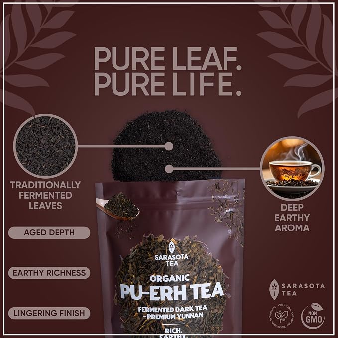 Pu-erh Tea Loose Leaf 4.4 oz | Aged Fermented Dark Tea | Smooth Earthy Flavor | Bulk Loose Leaf