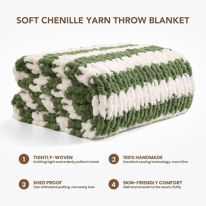 L'AGRATY Chunky Knit Throw Blanket for Couch, 60 x 80 Inches, Green White | Handmade Chenille Crochet Blanket for Sofa Bed, Thick Cable Knitted Blankets for Room Home Decor, Birthday Gift for Women Mom