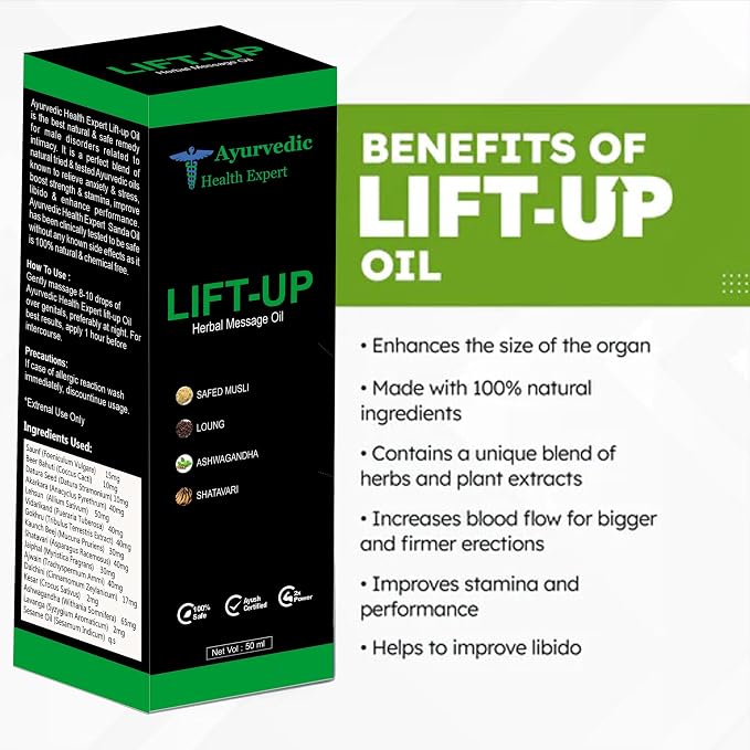 Lift-up 50ml | 100% Pure & Natural Herbal Massage Oil for Men | Boosts Strength, Stamina & Vitality | Chemical-Free Ayurvedic Formula