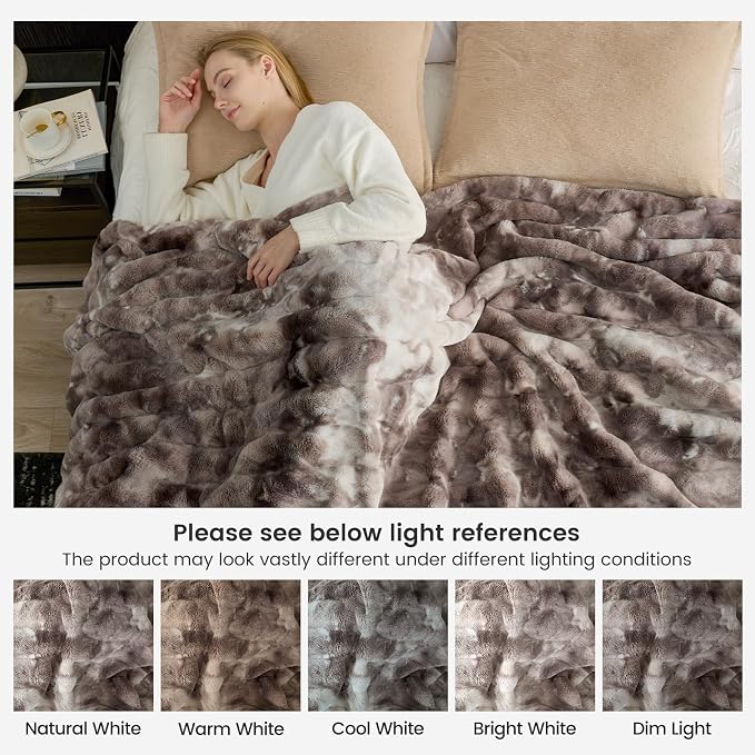 Cozy Bliss Deluxe Striped Rabbit Faux Fur Throw Blanket, Soft Fluffy Warm Plush Blanket for Winter, Modern Homr Decor, Tie-dye Grey 60"x80"