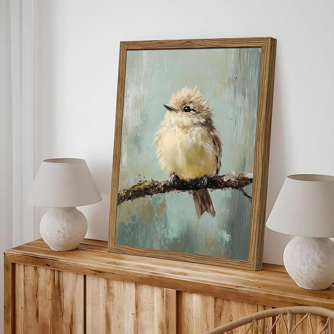 Vintage Framed Bird Wall Art, Rustic Sparrow on Branch Canvas Wall Decor Painting, Cute Bird Animal Artwork Poster Prints Pictures for Living Room Bedroom Bathroom 12x16 Inch