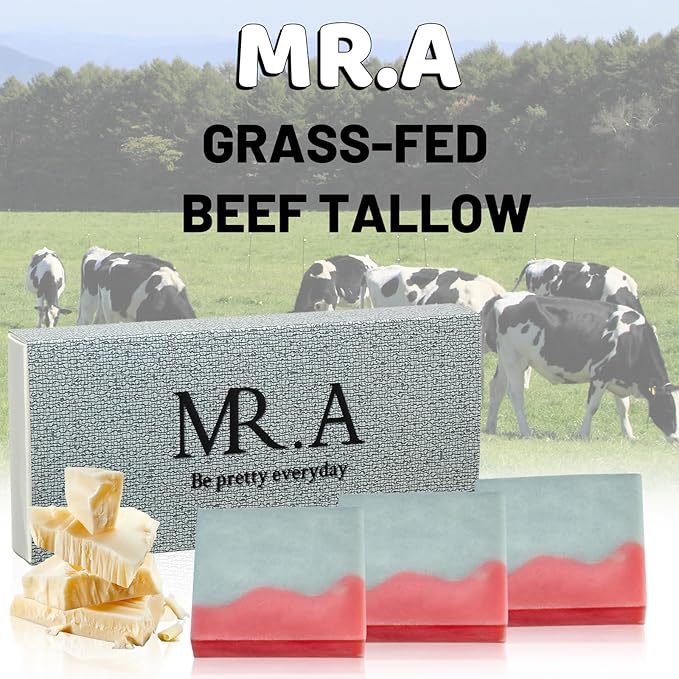 MR.A 3PCS Beef Tallow Soap Bar, All Natural Grass Fed Tallow Soap Unscented, Moisturizing Face & Body Wash, Handcrafted Bath Soap for Adults, Kids