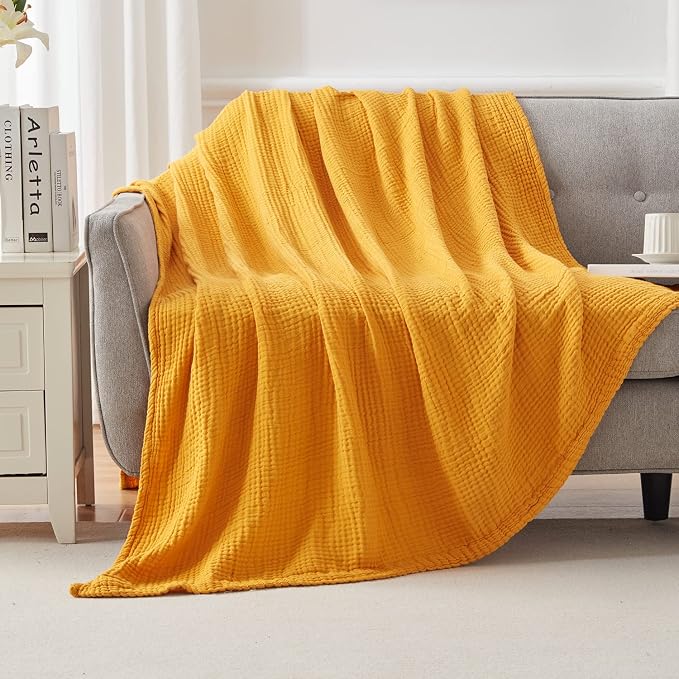 EMME Muslin Blankets for Adults Throw Blanket for Couch Breathable Gauze Soft Lightweight Airy Mustard Yellow Queen 90" x 90"
