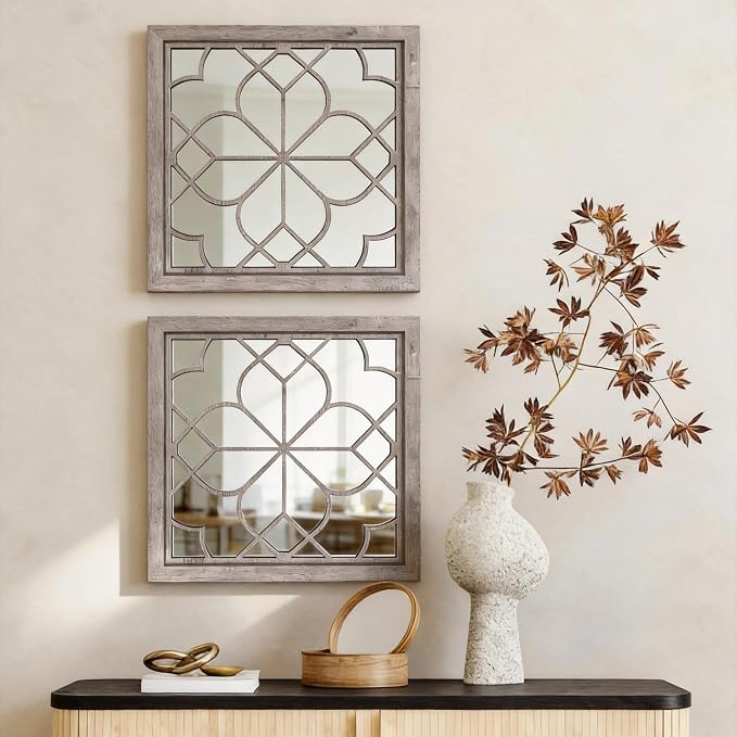 Set of 2 18 Inch Large Square Brown Window Pane Wall Mirrors, Shatterproof Rustic Farmhouse Boho Vintage Accent Mirrors for Living Room, Bedroom, Bathroom, Entryway & Home Decor