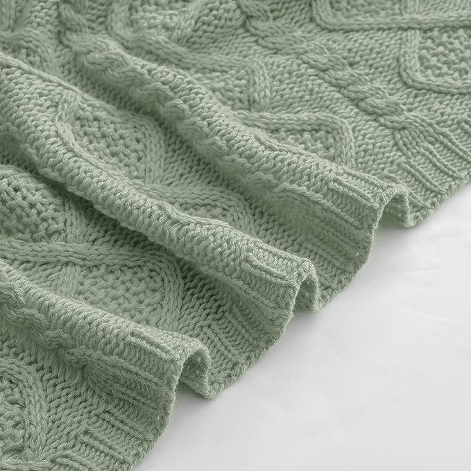 Homiest Sage Green Cable Knit Throw Blanket Set of 3, with 2 Pillow Covers | Pure Acrylic, Lightweight & Breathable, All-Season Use, Machine Washable, Wrinkle & Fade Resistant, for Couch Bed And Sofa