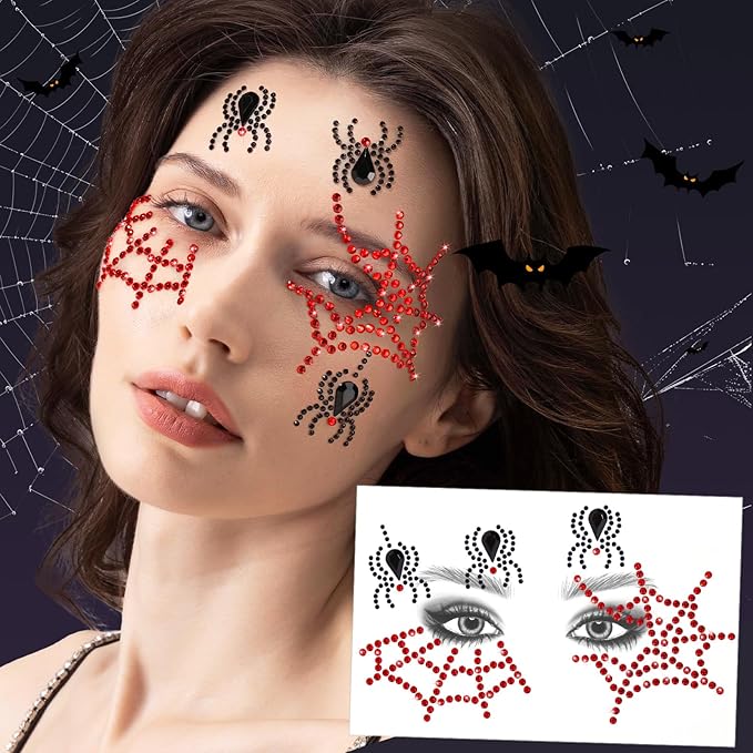 YGDZ Face Gems Stick On, Halloween Face Jewels, Spider Web Silver, Black, Red Face Gems for Halloween Face Makeup, Face Hair Rhinestones Stickers for Women, Kids