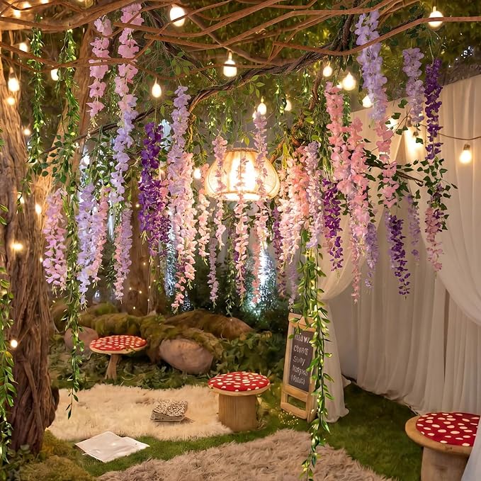 Wisteria Hanging Vines Flowers, Fairy Classroom Ceiling Decor | Artificial Greenery for Enchanted Parties, Purple Pink White Strands for Indoor Outdoor Garden, DIY Ceiling Decoration Set
