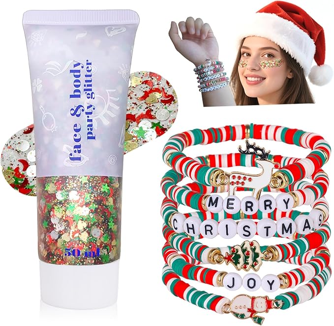 Go Ho Christmas Glitter Gel and Bracelets Kit, 6PCS Red White Green Beaded Bracelets with Face Glitter Makeup for Body & Hair, Fun Christmas Gifts for Women and Teens