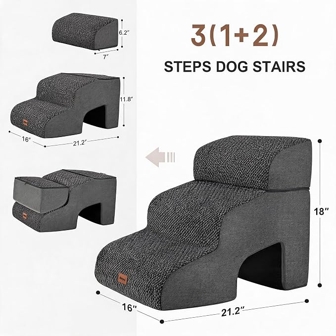 Garnpet Dog Stairs with Tunnel, 3-Step Dog Steps for Small Dogs and Cats, Non-Slip Indoor Pet Stair for Couch Sofa and Chair, Dark Grey