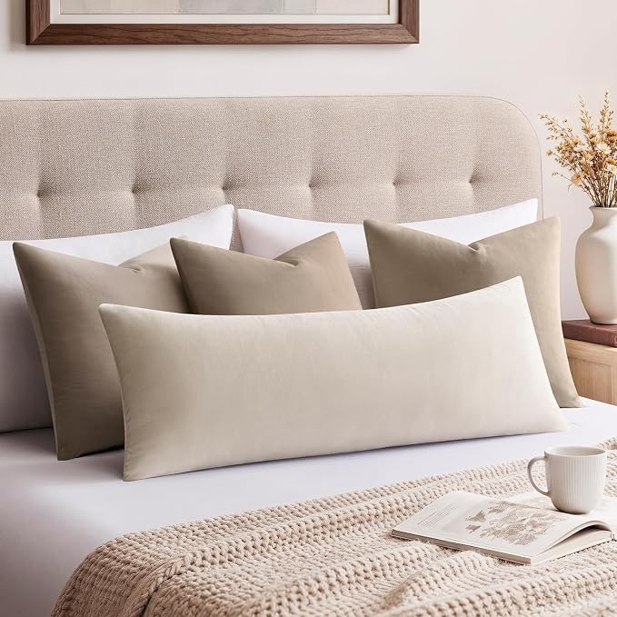 Throw Pillow Covers Lumbar 14x36 Inch Velvet Pillow Covers, Soft Decorative Beige Pack of 1 Long Pillow Case for Couch Cushion Chair Sofa Bed Living Room, Home Boho Decor