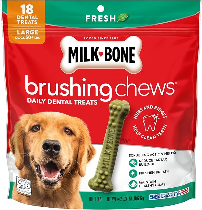 Milk-Bone Brushing Chews, Large, Fresh Flavor, 18 Dental Treats | 24.2-oz. bag, Daily dental dog treats, For dogs 50+ lbs., Fresh mint flavor