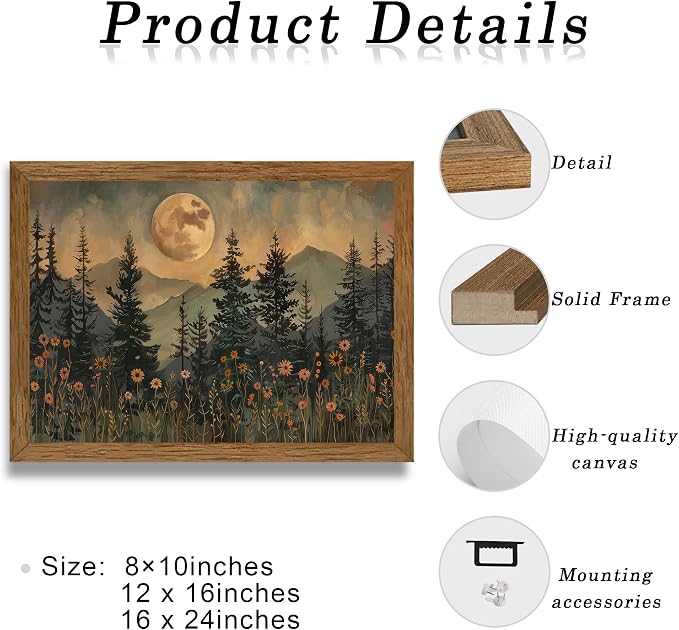JLTULT Vintage Pine Tree Wall Art, Moonlit Wood-Framed Canvas, 16 x 24 In | Moonlit pine forest with wildflowers, fade-resistant canvas and ready-to-hang frame for bedrooms, living rooms and offices