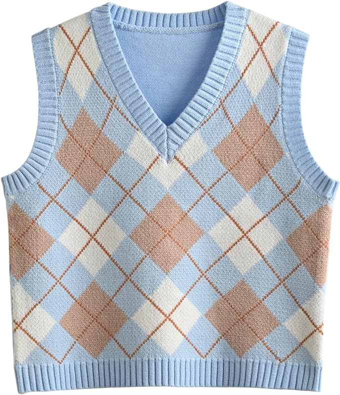 Women's Sweater Vest,Y2K Sleeveless Pattern Preppy Style Knitted Crop Tank Top for Girl