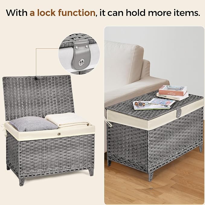 Wicker Storage Basket with Lid, 200L Storage Bin with Removable Liner Bag | Rattan-Inspired Shelf Basket Design, Storage Trunk with Heightened Feet, Wardrobe Storage Container & Home Organizer