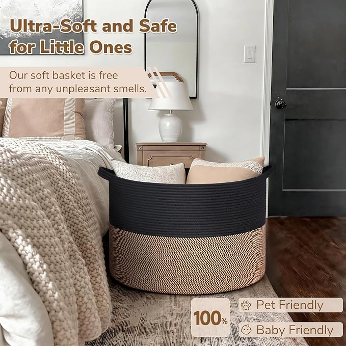 INDRESSME 115L Extra Large Woven Rope Blanket Basket Living Room, Mix Black | 23.6" x 15.7" Storage baskets for toys laundry & pillows. Fits living room, bedroom or nursery décor. Soft-touch with handles
