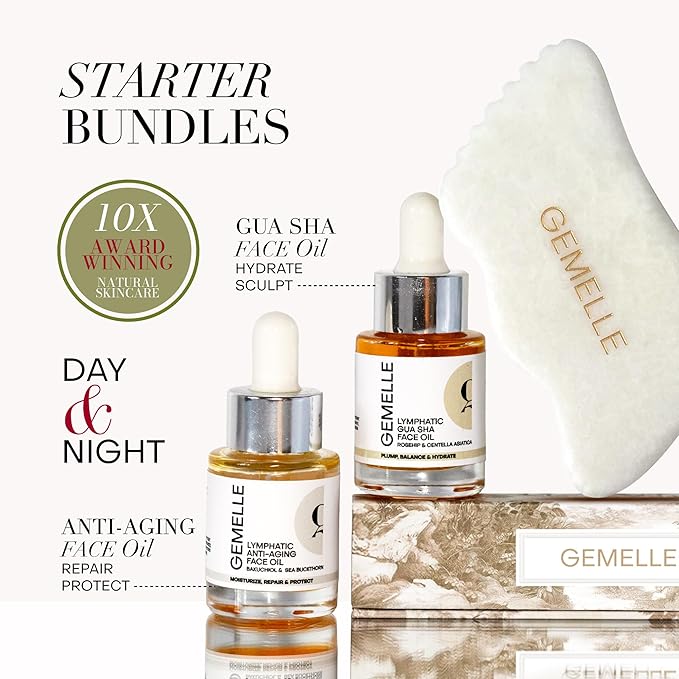 GEMELLE Lymphatic Gua Sha Face Oil | 10x Award Winner | Vitamin C,E & A | Detox, Plump, Sculpt, Hydrate | High-Altitude Rosehip | Natural Botanical for Gua Sha Facial Tools, Lymphatic Drainage - 15ml