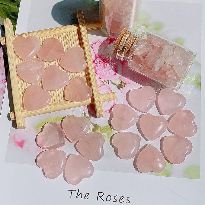 20 PCS Rose Quartz Heart Crystals Natural Crystal Polished Healing Cute Mini Pocket Stones Palm Thumb Love Gemstones Set Bulk Wholesale Reiki Energy Balancing Meditation Pink Heart Gifts for Mother Anniversary Valentine's Day Gifts for Women