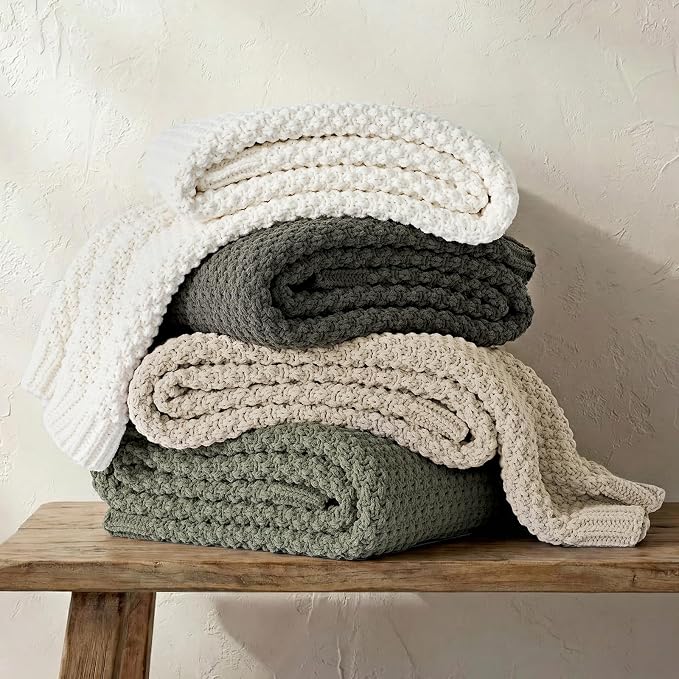 EVERGRACEHOME Chunky Chenille Knit Throw Blanket, 60x80, Dried Thyme Green | Sculpted Moss Stitch, Chic Modern Farmhouse, All-Season Warmth, OEKO-TEX® Certified, Elegant Blanket for Couch, Bed, Sofa