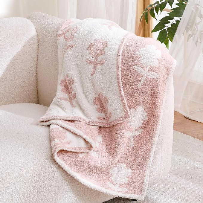 Snuggle Sac Twin Size Bedding Blanket, Pink Flower Throw Blanket for Couch, Microfiber Fluffy Warm Cozy Fuzzy Soft Reversible Blankets, Pink, 60x80 inches