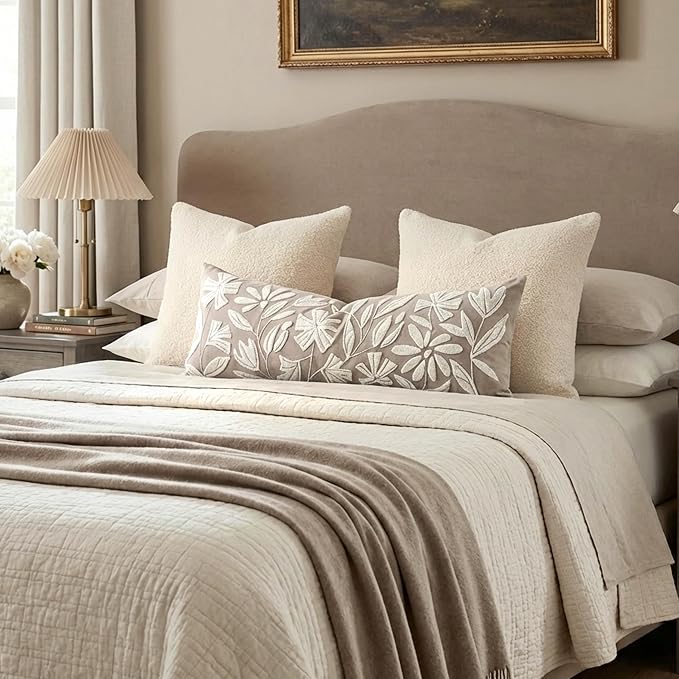 Long Lumbar Pillow Cover 14x36 for Bed, Light Taupe Floral Tufted Velvet Accent Oversize Throw Pillowcase for Bedroom, Cover Only