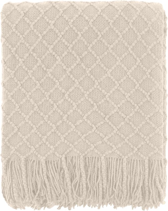 CREVENT Farmhouse Boho Knitted Throw Blanket for Couch Sofa Chair Bed Home Decoration, Soft Warm Cozy Light Weight for Spring Summer Fall (60''X80'' Beige)
