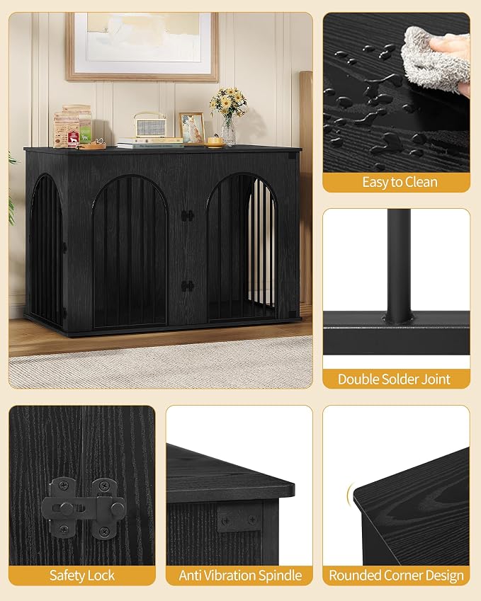 Hzuaneri 46.5'' Dog Crate Furniture,Dog Kennel Indoor for Medium/Large Dogs | Dog Kennel Furniture Wooden Dog Cage Heavy Duty Dog Crate Decorative Pet House End Side Table TV Stand,Black DFC93904B