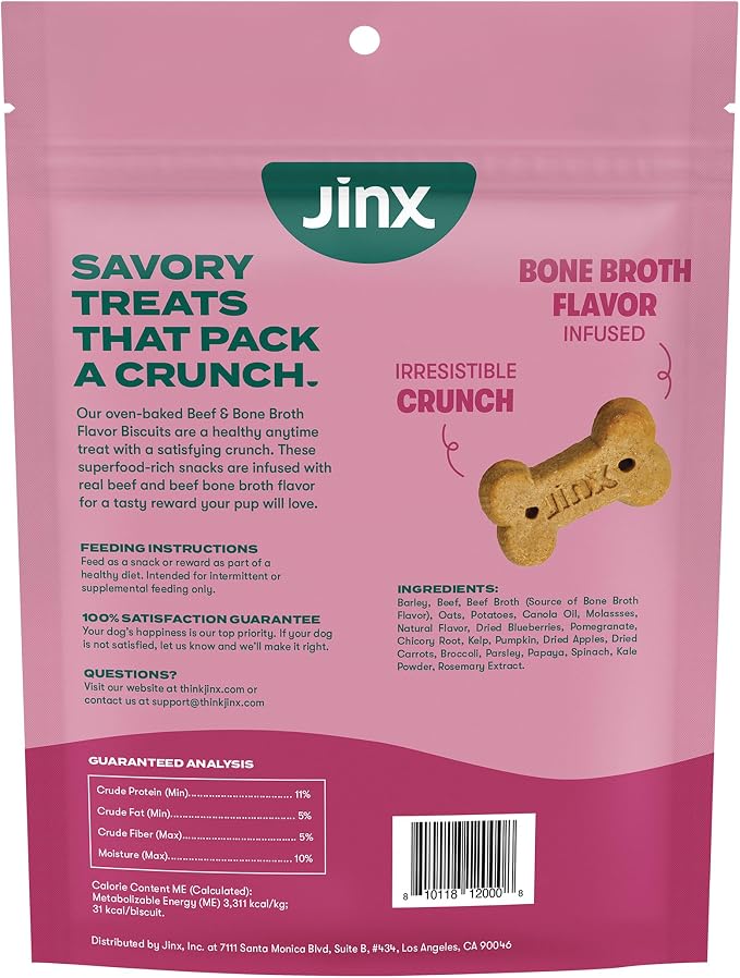 Jinx Oven-Baked Beef Bone Broth Biscuit Treats, Crunchy, All Natural, Superfood-Rich with Real Beef, Pumpkin & Blueberries, 16oz | 1-Pack Crunchy & Healthy Dog Treat, Superfood-Rich with Real Grass Fed Beef, Dog Cookies for Puppies, Adults & Senior Dogs